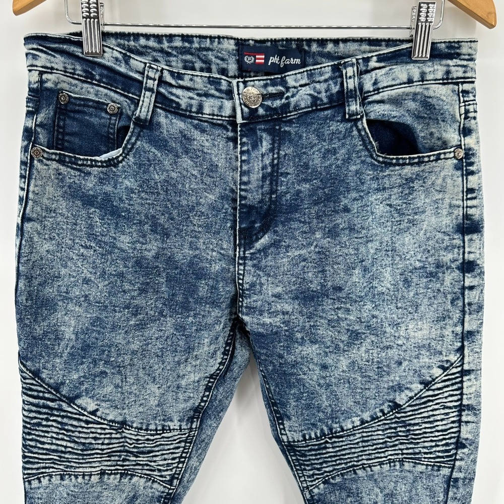 Phat Farm Skinny Moto Jeans Mens 32x30 Blue Denim Acid Wash Stretch Streetwear